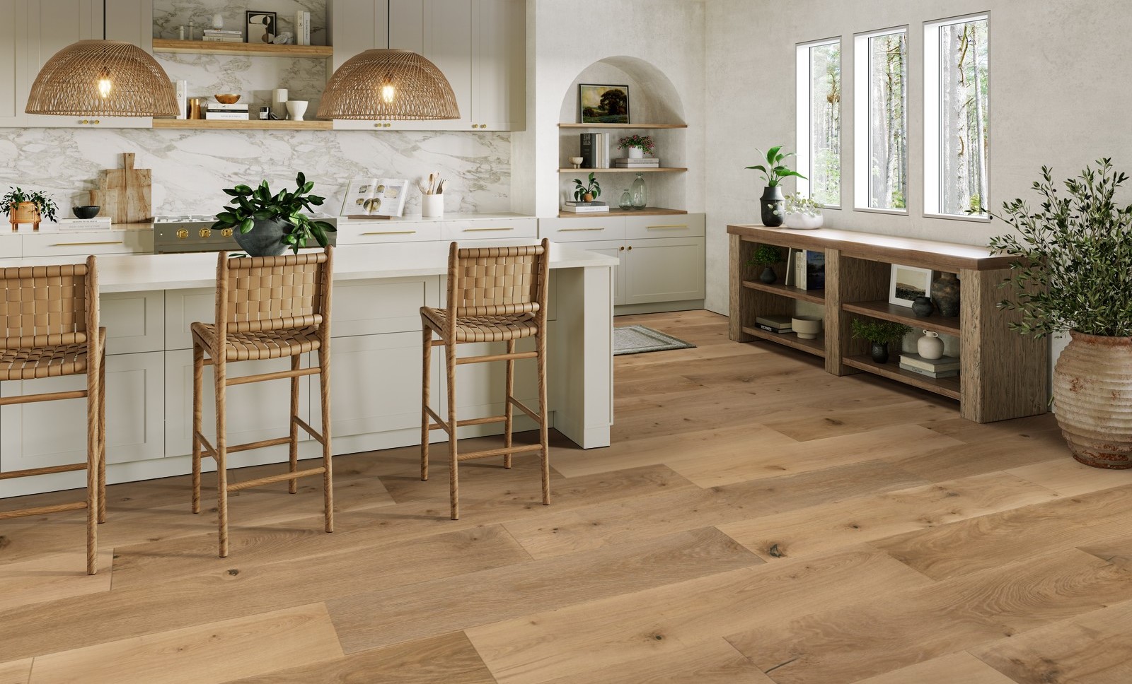 neutral kitchen with wide plank wood flooring